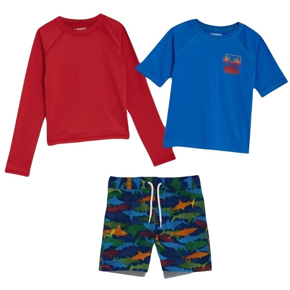 Lands' End 3 Piece Swim Set Rash-Guard Trunks Boy's Size 4T Red Shark Print